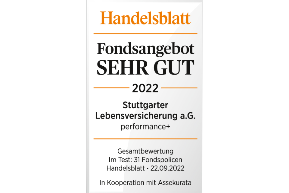 Handelsblatt-Siegel mit Prädikat "sehr gut" für das Fondsangebot performance+ der Stuttgarter Lebensversicherung a. G.