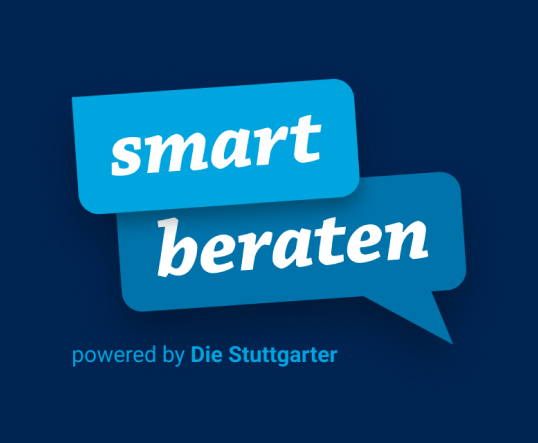 Schriftzug "smart beraten" in zwei Sprechblasen, darunter der Schriftzug "powered by Die Stuttgarter"