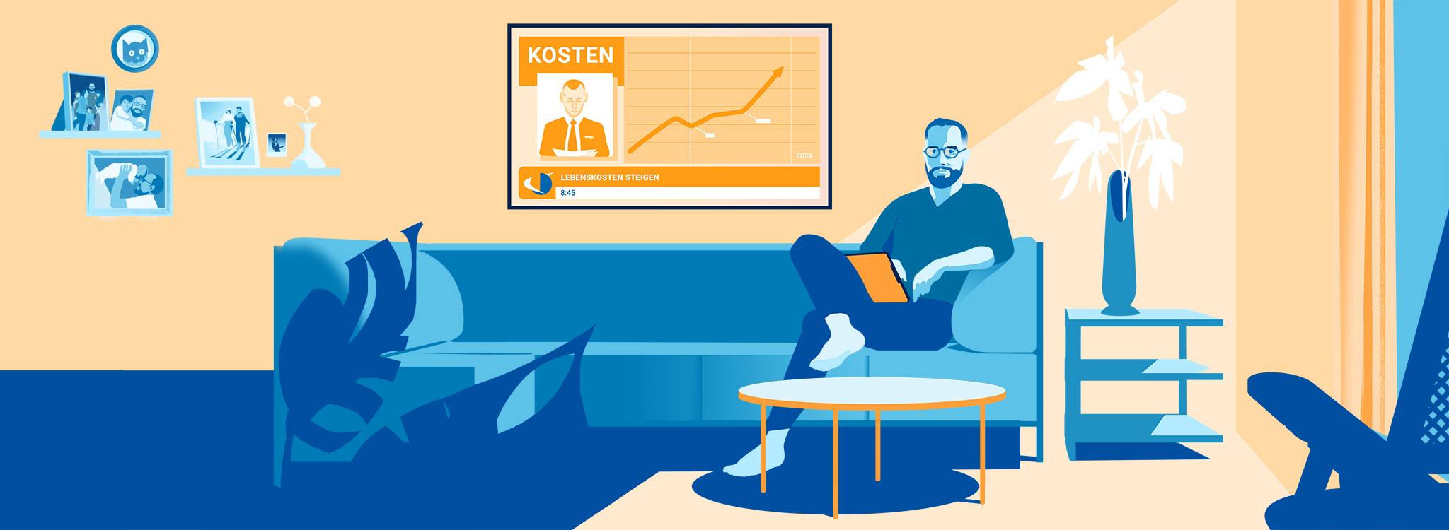 Grafik in Blau- und Orangetönen, die einen entspannten Mann auf einer Couch mit Laptop zeigt.