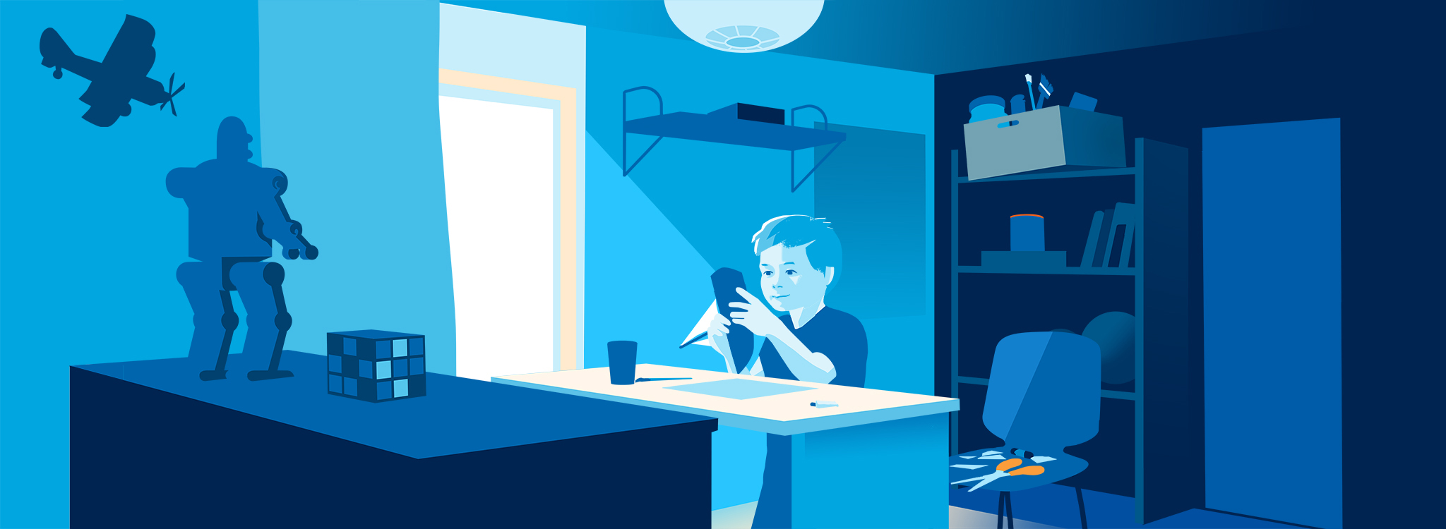 Grafik in Blautönen, die einen kleinen Jungen beim Basteln am Schreibtisch in seinem Kinderzimmer zeigt.