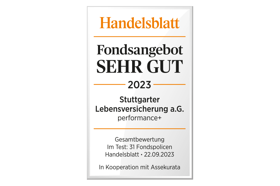 Handelsblatt-Siegel mit dem Prädikat "Sehr gut" im Bereich des Fondsangebots für Die Stuttgarter DirektRente performance+.