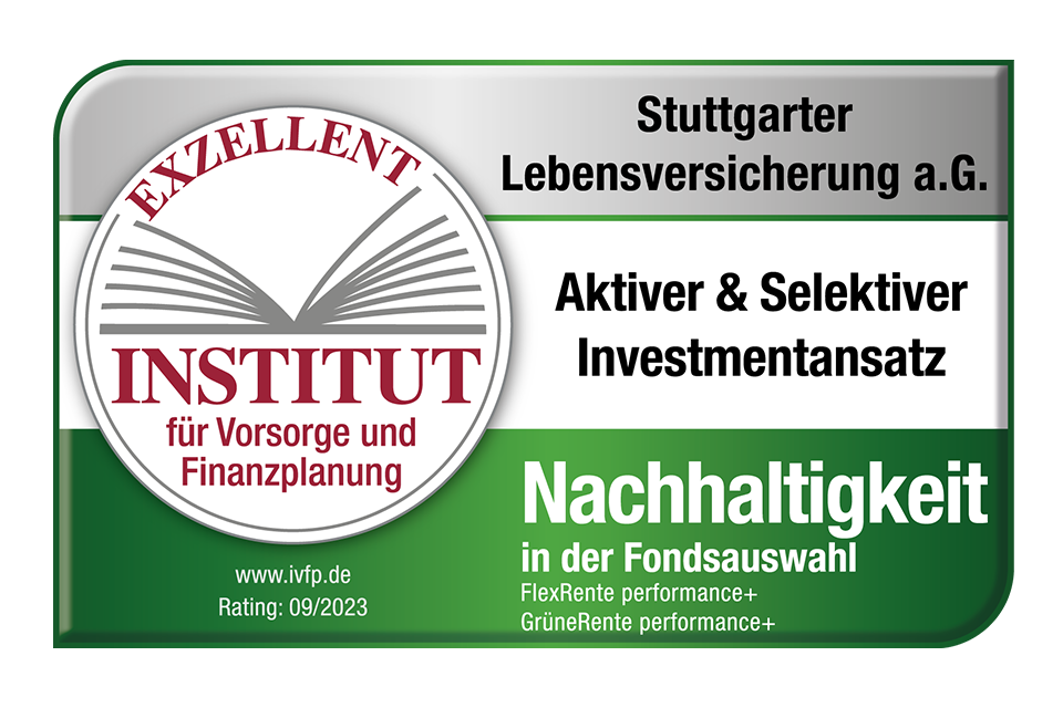 IVFP-Siegel mit Prädikat "aktiv orientierter Investmentansatz" für die Nachhaltigkeit in der Fondsauswahl/Fondsangebot FlexRente performance+ der Stuttgarter Lebensversicherung a. G.
