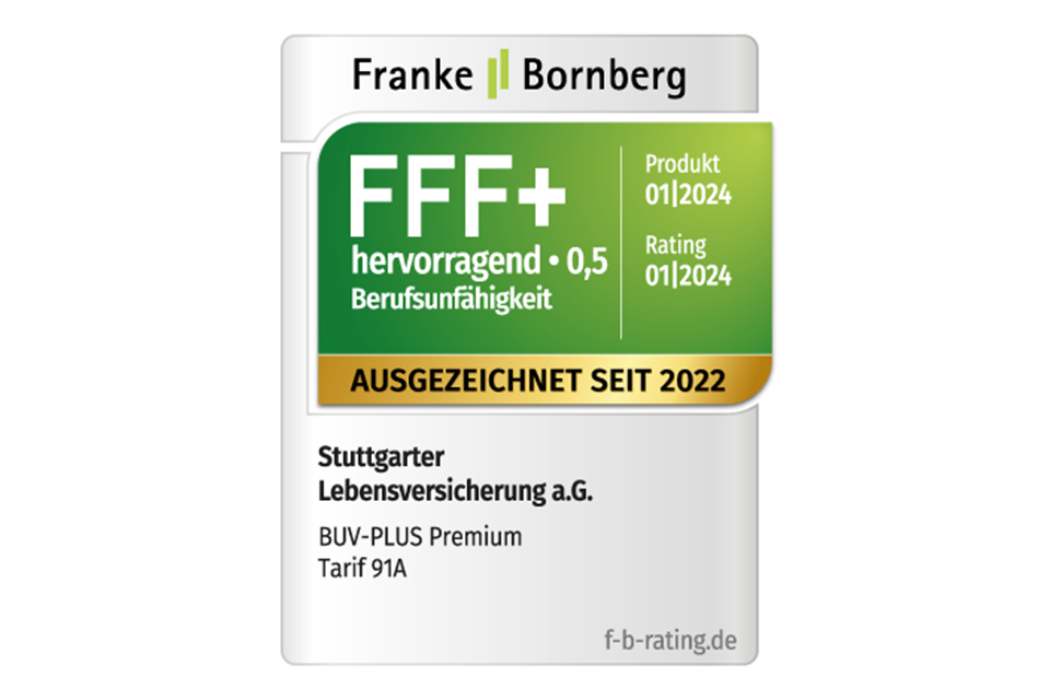 Franke Bornberg-Siegel mit Prädikat "FFF+ hervorragend" für BUV-PLUS premium der Stuttgarter Lebensversicherung